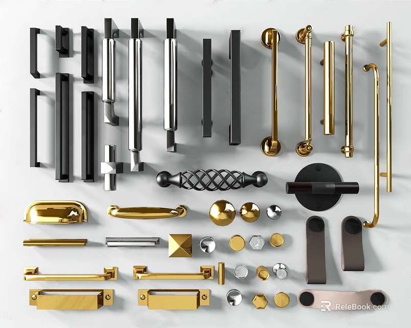 Various Stylish Metal Cabinet And Furniture Handles With Gold Black Silver Finishes And Diverse Designs 3d model 