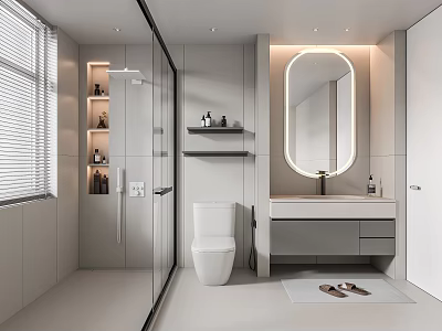 Modern Bathroom Interior Design With Glass Shower Toilet Vanity Oval Mirror And Wall Shelves 3d model