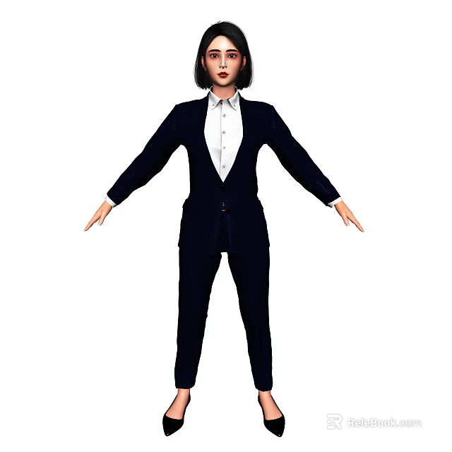 Woman in Black Suit and White Shirt Standing With Arms Outstretched 3d model 