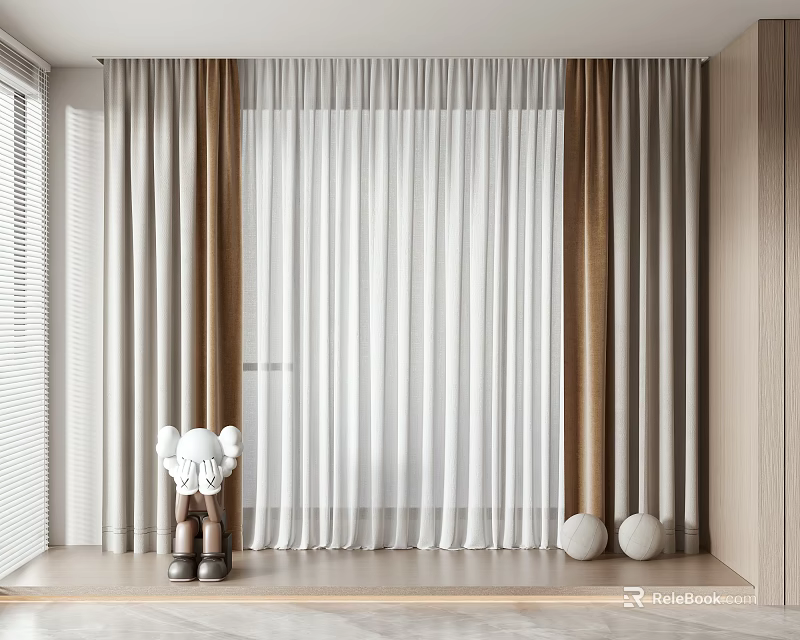 Lightweight White Brown Gray Curtains In Modern Interior With Window Wooden Floor And Decorative Balls 3d model 