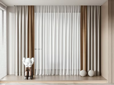 Lightweight White Brown Gray Curtains In Modern Interior With Window Wooden Floor And Decorative Balls 3d model