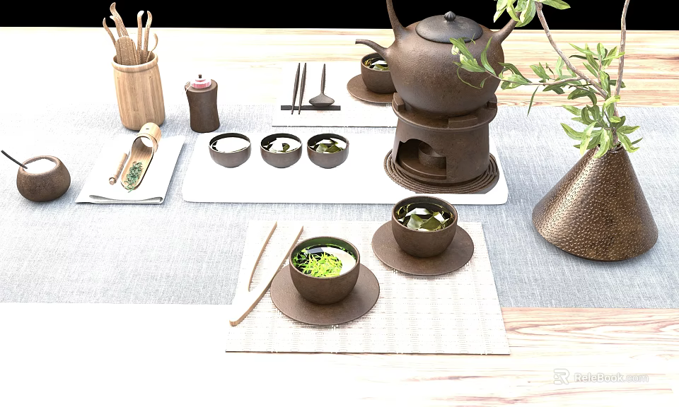 Traditional Japanese Tea Set With Ceramic Teapot Small Bowls Bamboo Chopsticks And Green Plants 3d model 