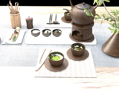 Traditional Japanese Tea Set With Ceramic Teapot Small Bowls Bamboo Chopsticks And Green Plants 3d model