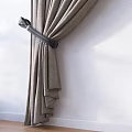 Gray Textured Curtains Partially Drawn With Curtain Rod And Tieback Against White Wall