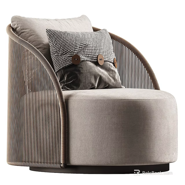 Modern Single Sofa With Rattan Frame Light Gray Cushion And Button Pillow 3d model 