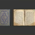 Intricately Carved Blue Book Cover With Sculptural Design And Open Vintage Pages