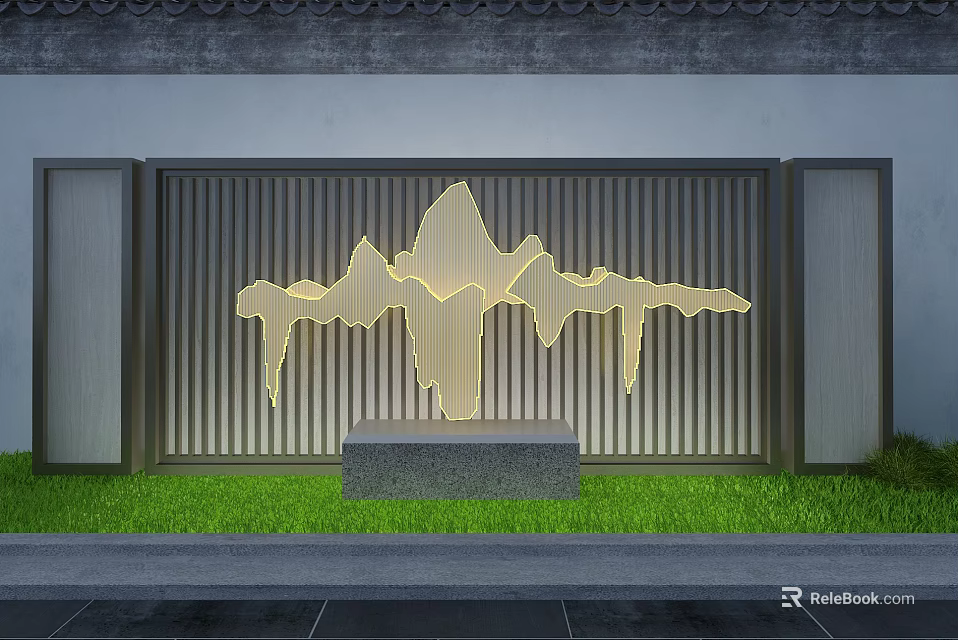 Illuminated Modern Feature Wall With Hollowed Mountain Pattern Wooden Slats Grass And Stone Bench 3d model 