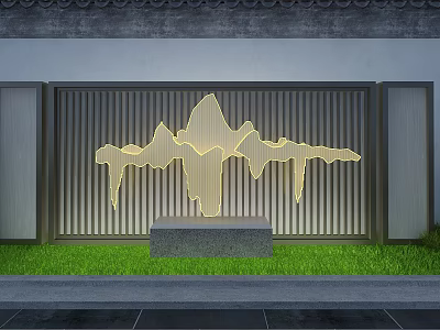 Illuminated Modern Feature Wall With Hollowed Mountain Pattern Wooden Slats Grass And Stone Bench 3d model