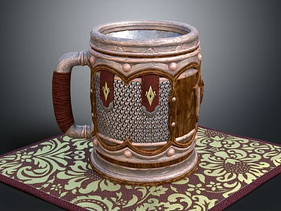 Decorative Metal And Wooden Mug With Shield Motifs Brown Handle On Intricate Patterned Mat 3d model
