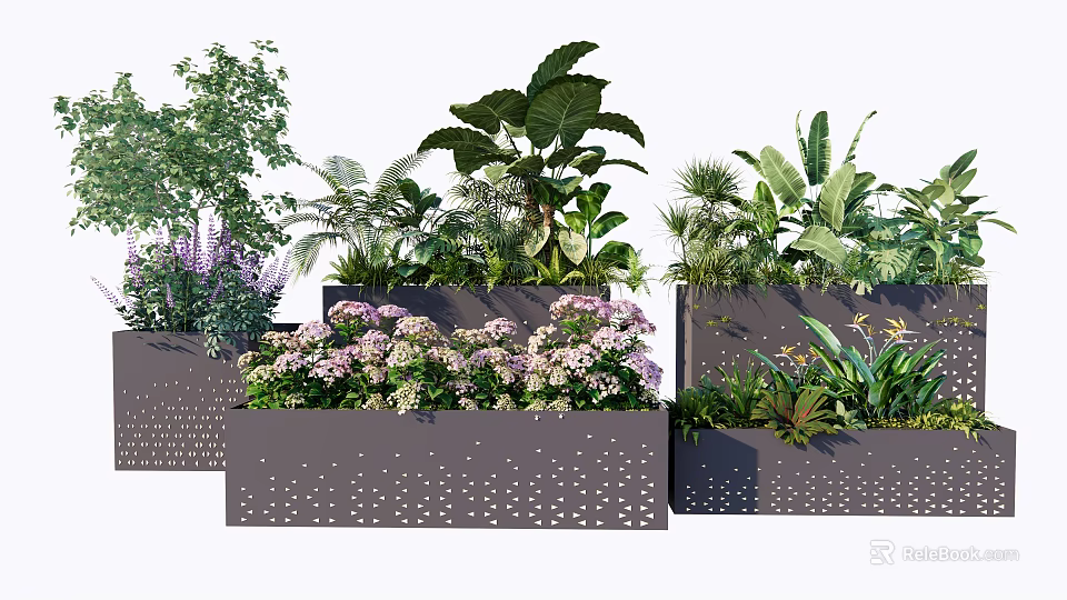 Various Potted Plants With Green Foliage Purple Flowers And Gray Perforated Planters 3d model 