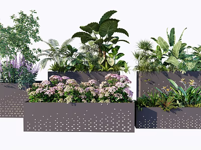 Various Potted Plants With Green Foliage Purple Flowers And Gray Perforated Planters 3d model