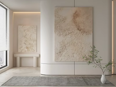 Modern Interior Design With Large Textured Paintings White Console Green Plant And Gray Rug 3d model