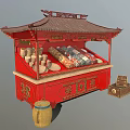Traditional Chinese Vendor Stall Red Wooden Structure With Ornate Roof Scrolls Bowls Bamboo Basket Boxes