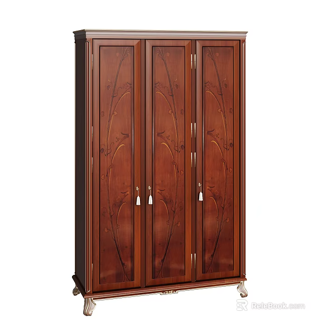 Elegant Solid Wood Three Door Wardrobe With Dark Brown Finish Carved Patterns And Metal Handles 3d model 