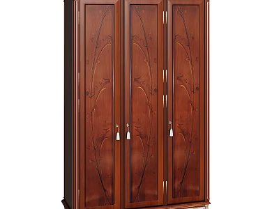 Elegant Solid Wood Three Door Wardrobe With Dark Brown Finish Carved Patterns And Metal Handles 3d model