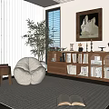 Modern Wooden Bookcase With Books Decorative Items Artwork And Potted Plant In Living Room