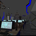 Modern Cyber Cafe Interior With Blue Lighting Black Metal Partition Computers Tables And Green Plants
