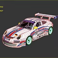 White Porsche 911 Racing Car With Red Blue Stripes Rear Wing And Coastal Sponsor Logos