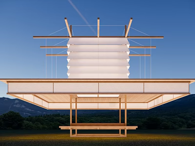 Modern Landscape Pavilion With Wooden Structure Bench Seating And Mountain Green Surroundings 3d model