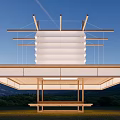 Modern Landscape Pavilion With Wooden Structure Bench Seating And Mountain Green Surroundings