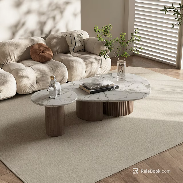 Modern Nested Coffee Tables With Marble Top And Wooden Base In Living Room With Sofa 3d model 