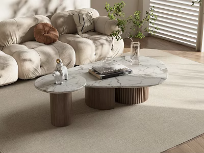Modern Nested Coffee Tables With Marble Top And Wooden Base In Living Room With Sofa 3d model