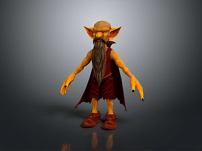 3D Fantasy Goblin Creature With Pointed Ears Long Beard Tattered Red Cloak And Brown Shoes 3d model