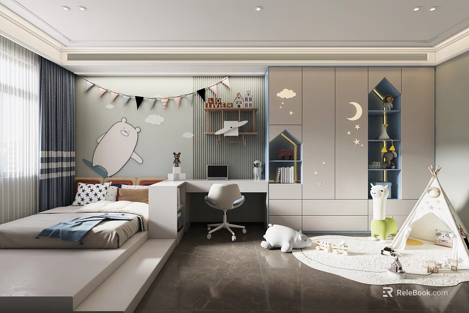 Cute Kids Room Interior Design With Bed Desk Chair Cloud Moon Decor And Toy Teepee 3d model 