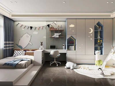 Cute Kids Room Interior Design With Bed Desk Chair Cloud Moon Decor And Toy Teepee 3d model