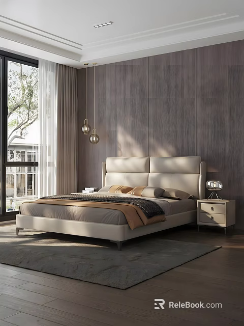 Modern Bedroom Interior With Wooden Wall King Bed Nightstand Pendant Lights And Curtains 3d model 