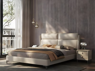 Modern Bedroom Interior With Wooden Wall King Bed Nightstand Pendant Lights And Curtains 3d model