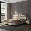 Modern Bedroom Interior With Wooden Wall King Bed Nightstand Pendant Lights And Curtains