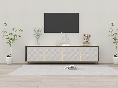 Modern TV Stand With Wall Mounted TV Decorative Items And Green Plants On Wooden Floor 3d model