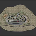Modern Race Track Venue With Winding Circuit Surrounding Trees And Facilities