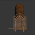 Detailed Brown Cylindrical Structure With Arched Doorway Staircase And Wooden Platform