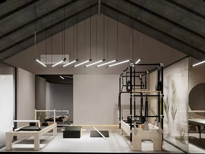 Modern Fitness Studio Interior With Pilates Equipment Glass Partition And Hanging Lights 3d model