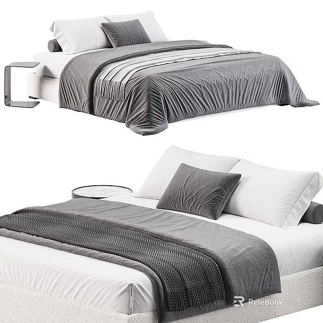 Modern Double Bed With Gray And White Bedding And Soft Decorative Pillows 3d model 
