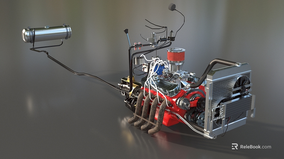 Red Engine With Pipes Radiator And Exhaust Pipes On Gray Surface 3d model 
