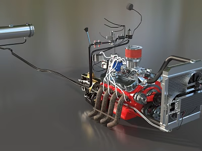 Red Engine With Pipes Radiator And Exhaust Pipes On Gray Surface 3d model