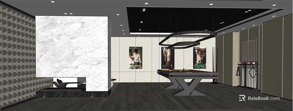 Modern Billiard Room Interior With Marble Wall Artwork And Pendant Lights 3d model 