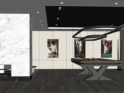 Modern Billiard Room Interior With Marble Wall Artwork And Pendant Lights 3d model
