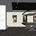 Modern Billiard Room Interior With Marble Wall Artwork And Pendant Lights