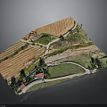 3D Terrain Model Featuring Farm Fields Winding Paths Houses And Trees