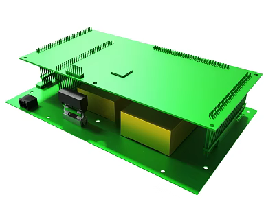 Green Circuit Board With Metal Brackets Connector Ports And Mounting Holes 3d model