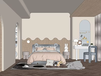 Kids Room Interior Design With Bed Desk Chair Rug And Stuffed Toys 3d model