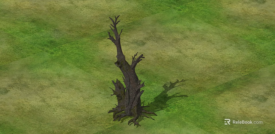 Isolated Dead Bush With Twisted Branches And Exposed Roots On Grass Field 3d model 