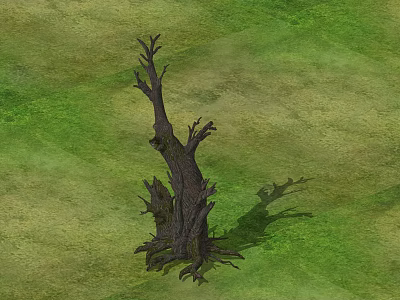 Isolated Dead Bush With Twisted Branches And Exposed Roots On Grass Field 3d model