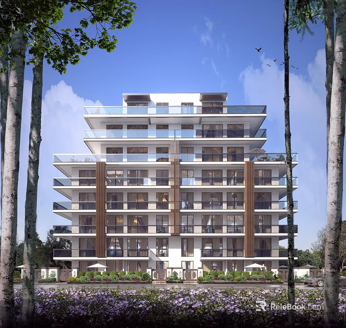 Modern Residential Building With Balconies And Green Surroundings 3d model 