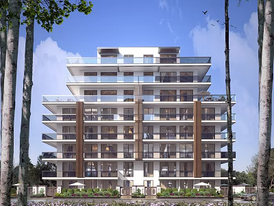 Modern Residential Building With Balconies And Green Surroundings 3d model