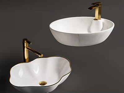 Elegant White Bowl and Petal Shaped Bathroom Sinks with Gold Faucets and Trim 3d model